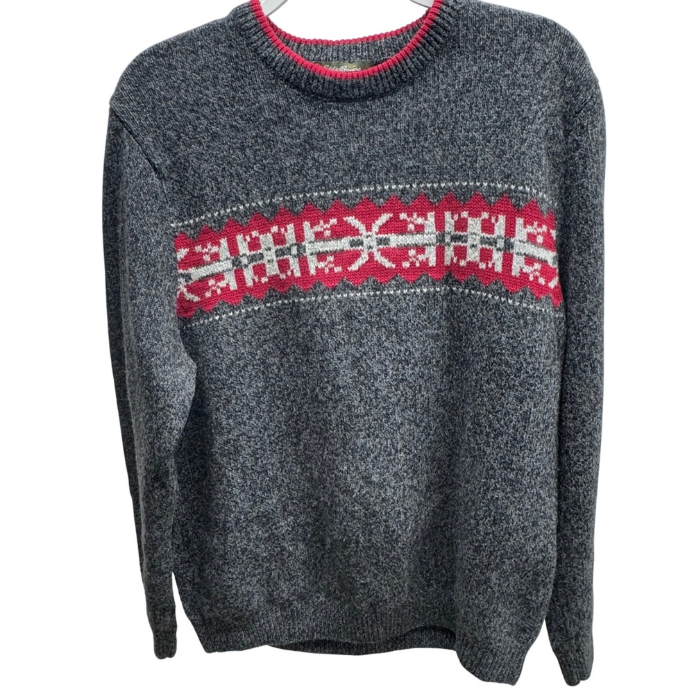Eddie Bauer Men's Sz Medium Gray Red Fair Isle Knit Crewneck Cotton Sweater